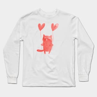 Cute red kitten with heart balloons Long Sleeve T-Shirt